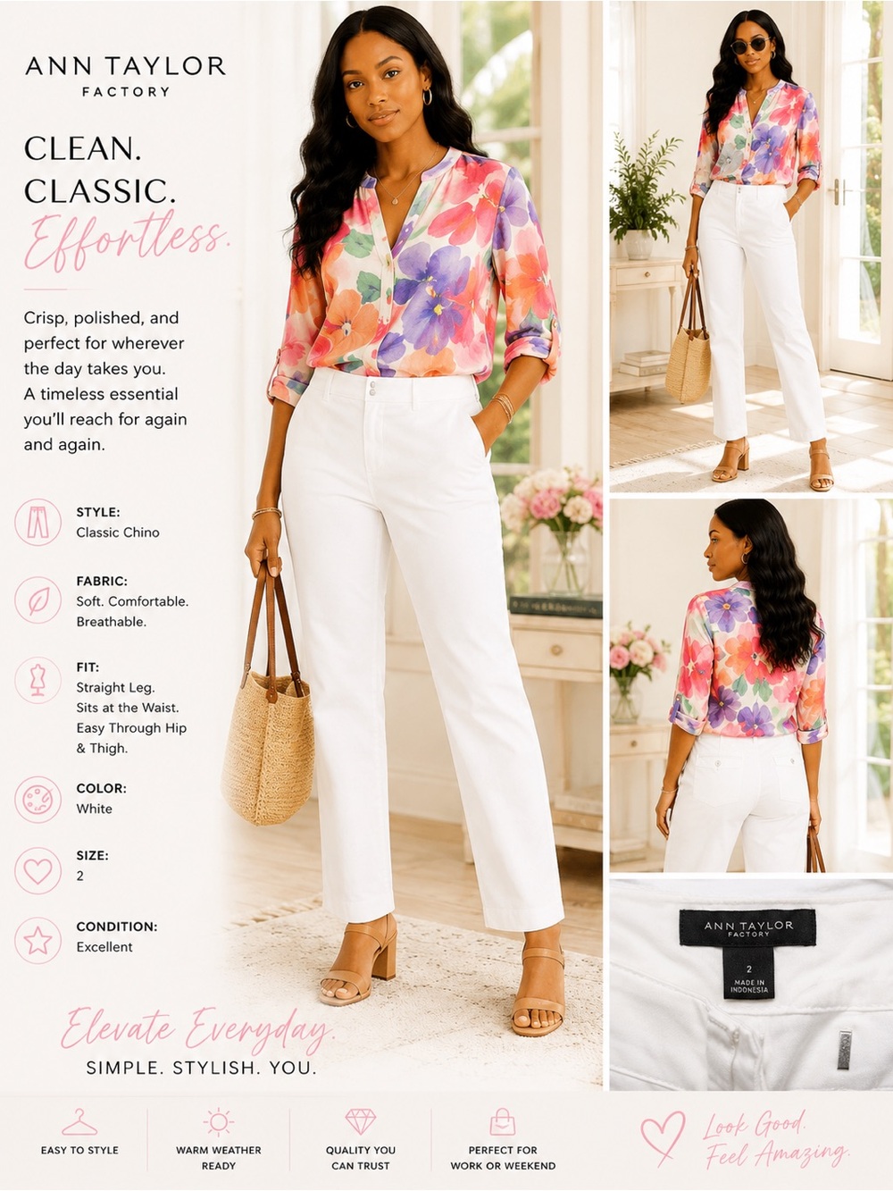 Ann Taylor Floral Blouse with White Straight-Leg Chinos size 2
